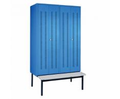 Vestiaire avec banc monté en dessous portes en tôle perforée, largeur compartiments 600 mm, 2 compartiments | Wolf