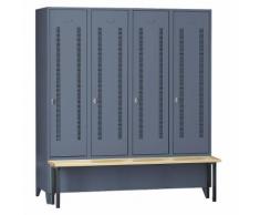 Vestiaire avec banc frontal portes en tôle perforée, largeur compartiments 400 mm, 4 compartiments | Wolf
