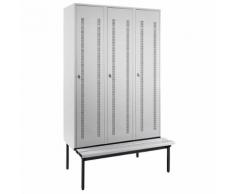 Vestiaire avec banc monté en dessous portes en tôle perforée, largeur compartiments 400 mm, 3 compartiments ,Wolf