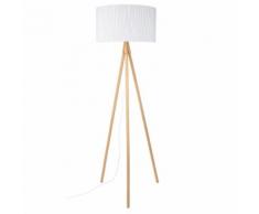Lampadaire trépied en chêne et abat-jour gris à rayures H153