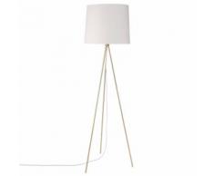 Lampadaire trépied en métal doré abat-jour en coton blanc