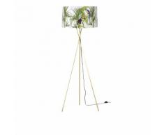 Lampadaire trépied en métal doré et abat-jour imprimé tropical H159