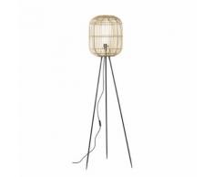 Lampadaire trépied en métal noir et rotin H152