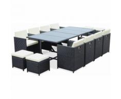 Salon de jardin Cubo Noir table en résine tressée 8 à 12 places, fauteuils encastrables