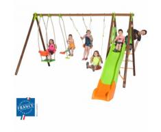 Portique 2,30 m bois-métal nacelle, plateforme, toboggan pour 6 enfants