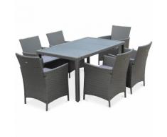 Salon de jardin Tavola 6 gris en résine tressée, table d'extérieur 150cm avec 6 fauteuils