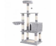 Arbre à chat Hauteur de 148cm avec griffoir Multi niveaux Niche Panier suspendu Salle de jeux Grise