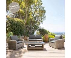 Salon de jardin Polynésia Havane 4 places - Aluminium traité époxy, Résine tressée, Polyester