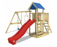 WICKEY Aire de jeux FastFlyer portique en bois, balançoire, mur d'escalade et toboggan, rouge