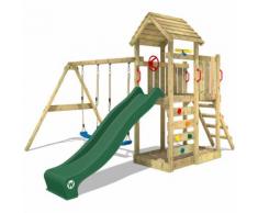 WICKEY Aire de jeux MultiFlyer portique avec toit en bois, balançoire, mur d'escalade et toboggan,