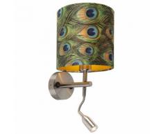 QAZQA Moderne Applique murale moderne en acier avec lampe de lecture et abat-jour velours paon et