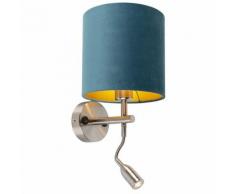 QAZQA Moderne Applique murale moderne en acier avec lampe de lecture et abat-jour velours bleu et