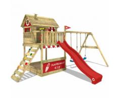 WICKEY Portique de jeux en bois Smart Seaside Aire de jeux avec toboggan rouge, balançoire et