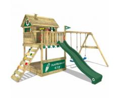 WICKEY Portique de jeux en bois Smart Seaside Aire de jeux avec toboggan vert, balançoire et