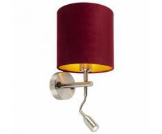 QAZQA Moderne Applique murale moderne en acier avec lampe de lecture et abat-jour velours rouge et