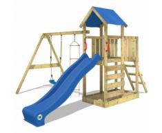 WICKEY Aire de jeux FastFlyer portique en bois, balançoire, mur d'escalade et toboggan, blue