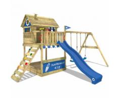WICKEY Portique de jeux en bois Smart Seaside Aire de jeux avec toboggan bleu, balançoire et