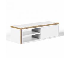 Meuble TV bas extensible en bois blanc design avec niches et porte coulissante MOVE