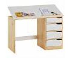 IDIMEX Bureau enfant EMMA, en pin massif, 4 tiroirs et plateau inclinable, naturel et lasuré blanc