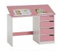IDIMEX Bureau enfant EMMA, en pin massif, 4 tiroirs et plateau inclinable, lasuré blanc et rose