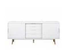 Enfilade scandinave 2 portes 4 tiroirs en bois massif blanc laqué