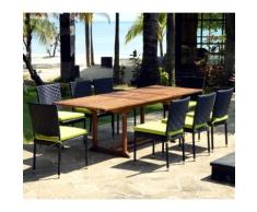 salon de jardin en teck huile et résine tressée table 180-240 cm + 8 chaises en résine noir