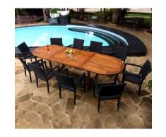 salon de jardin en teck huilé et 10 fauteuils en résine poly rotin - table 200-250-300cm