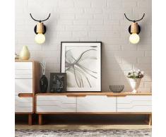 Lot de 2 Applique Murale Design Tête de Cerf en Métal Suspension E27 pour Chambre Salon Bar Loft