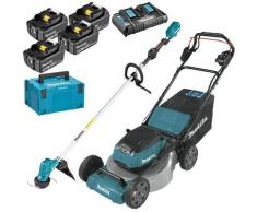 Pack Makita Jardin: tondeuse auto-tractée 36V 46cm DLM462 + débroussailleuse 18V DUR190LZX3 + 4