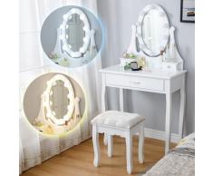 Coiffeuse avec 10 Ampoules LED en Forme de Rose et Tabouret, Miroir Ovale à 3 Tiroirs Romantique