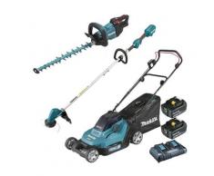 Pack Makita Jardin: tondeuse 36V DLM432 + débroussailleuse 18V DUR192L + taille-haies DUH502 + 2