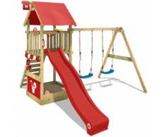 Aire de jeux Portique bois Smart Shelter avec balançoire et toboggan rouge Maison enfant exterieur