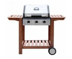 Barbecue à gaz 3 brûleurs 2 roues charriot bois - L 61 x l 136 x H 114