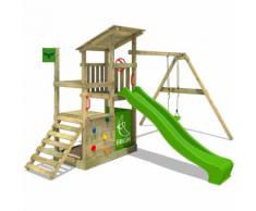 Aire de jeux FATMOOSE FruityForest Fun XXL Portique bois sur 3 niveaux, toboggan vert et balançoire
