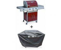 Alice's Garden - Barbecue gaz inox 14kW – Richelieu rouge – Barbecue 3 brûleurs + 1 feu latéral,