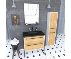 Aurlane - Ensemble de salle de bain 80 cm chêne naturel + vasque noir + miroir LED + colonne de