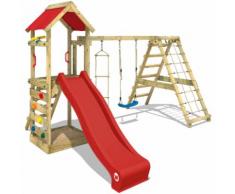 Aire de jeux bois WICKEY StarFlyer Portique de jeux en bois Tour d'escalade, toboggan rouge + bâche