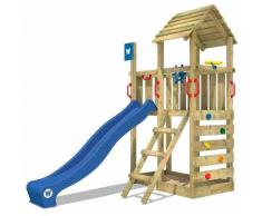 WICKEY Aire de jeux Portique bois Smart Flash avec toboggan bleu Maison enfant exterieur avec bac à