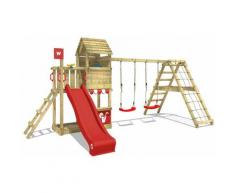 WICKEY Aire de jeux Portique bois Smart Port avec balançoire et toboggan rouge Maison enfant