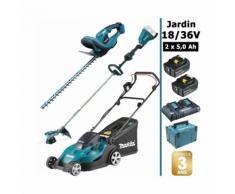 Pack 18/36V: tondeuse 36V 43cm + coupe herbes 36V + taille-haie 18V 52cm + 2 batt 5Ah MAKITA DLM431