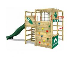 WICKEY Aire de jeux Portique bois Smart Tactic avec toboggan vert Échafaudage grimpant avec mur