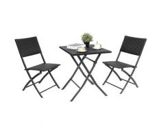 Salon de Jardin Exterieur en Resine, 2 Chaises et 1 Table Basse Pliante, Set de Balcon Noir, pour