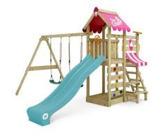 WICKEY Aire de jeux Portique bois VanillaFlyer avec balançoire et toboggan turquoise Maison enfant