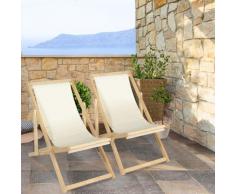 Lot de 2 chaises longues pliantes chilienne bois toile écrue - Ecru