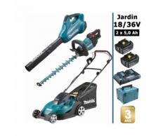 Pack 18/36V: tondeuse 36V 43cm + souffleur 36V + taille-haie 18V 50cm + 2 batt 5Ah MAKITA DLM431