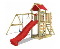 Aire de jeux bois WICKEY MultiFlyer Portique de jeux en bois Tour d'escalade avec balançoire,