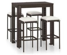 Meuble de bar de jardin 5 pcs et coussins Résine tressée Marron