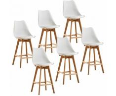 Lot de 6 tabourets de bar pieds en bois hêtre massif - Revêtement simili PU blanc - Scandinave