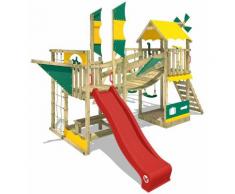 WICKEY Aire de jeux Portique bois Smart Cruiser avec balançoire et toboggan rouge Cabane enfant