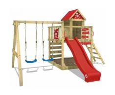 Aire de jeux Portique bois Smart Cave avec balançoire et toboggan rouge Cabane enfant exterieur